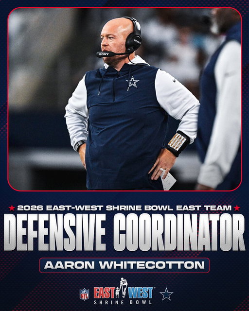 The 2026 East-West Shrine Bowl East Team Defensive Coordinator

💫 Aaron Whitecotton, @dallascowboys

#ShrineBowlWHOSNEXT 