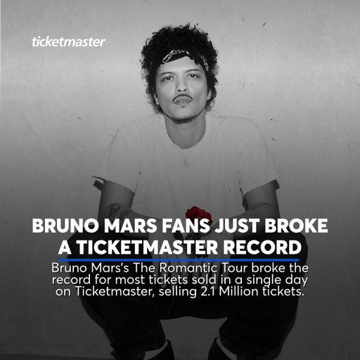 @BrunoMars fans just broke a Ticketmaster record! 👀 Bruno Mars’s The Romantic Tour sold 2.1 Million tickets yesterday, breaking the record for most tickets sold in a single day on Ticketmaster. 🎫

Shout out Bruno and we can’t wait for The Romantic Tour to kick off later this year! 🌹