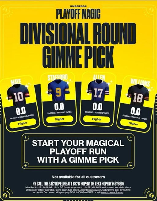 Site wide Divisional round gimme pick is live in the lobby and so is the code ZIRK Stafford free pick for NEW USERS. New users will get 3 total free picks! Sign up using code ZIRK. 
Use code ZIRK+get $75 in funds after your first $5 entry! https://t.co/acAKAFKNhK 