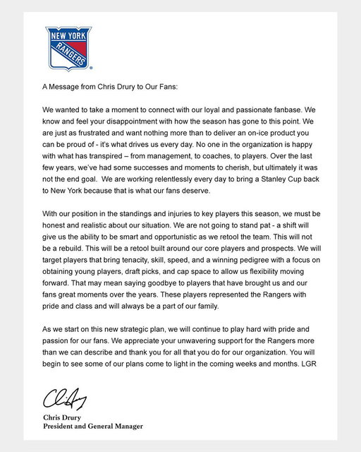 A Message from Chris Drury to Our Fans 