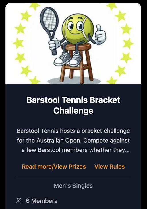 Barstool Tennis is hosting a Bracket Challenge for the Men’s Australian Open!

$250 prize to first place! 👀 

https://t.co/kXc2ONwrUv 