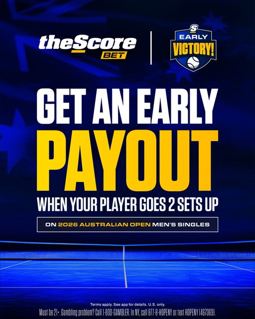 Early Victory has you covered for the Aussie Open 🤝

🎾 Place a pre-game bet on the Match Winner market for any Men's Singles match at the Australian Open

🎾 If your player goes 2 sets up, we’ll pay your bet out in full – even if they go on to lose

Download @theScoreBet NOW! https://t.co/Wde5wTwXku