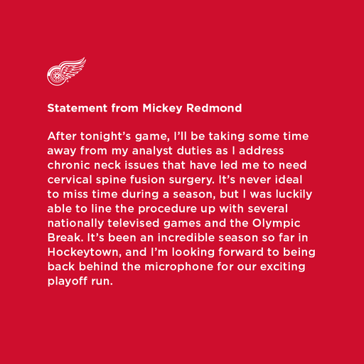 Today will be Mickey Redmond’s last game before undergoing a medical procedure 👇 