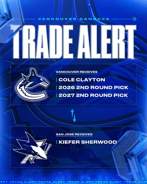 General Manager Patrik Allvin announced today that the #Canucks have acquired Cole Clayton and 2nd round picks in both the 2026 and 2027 NHL Entry Drafts from the San Jose Sharks in exchange for Kiefer Sherwood.

DETAILS | https://t.co/joq7WzUoYv 