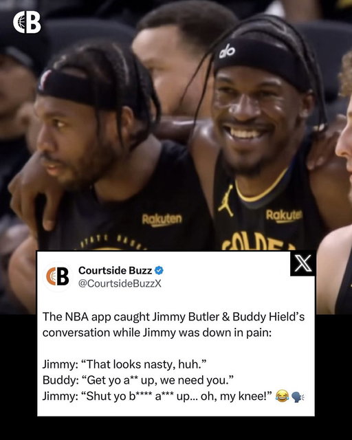 The NBA app caught Jimmy Butler & Buddy Hield’s conversation while Jimmy was down in pain: 

Jimmy: “That looks nasty, huh.” 
Buddy: “Get yo a** up, we need you.” 
Jimmy: “Shut yo b**** a*** up… oh, my knee!” 😂🗣️

Even in a dire situation, Jimmy & Buddy had to go back & forth! 😂