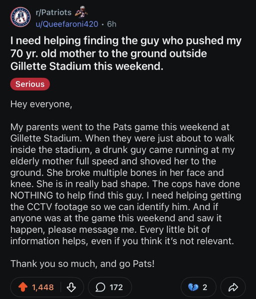 Man, this is absolutely terrible. If anyone has any info AT ALL, feel free to reach out to me and I’ll forward the message.

Help spread the post in hopes somebody who might’ve saw something sees this. 🙏🏼🙏🏼🙏🏼 