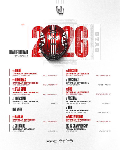 The path is set. 𝑻𝒉𝒆 𝒉𝒖𝒏𝒕 𝒊𝒔 𝒐𝒏‼️

The 2️⃣0️⃣2️⃣6️⃣ schedule is officially here‼️

Interested in tickets? Follow the link below ⤵️
https://t.co/TEjHbgoWK2

* Games may be adjusted to Fridays, other special dates, or Black Friday. These determinations will be announced in the coming weeks.

#GoUtes | @Big12Conference