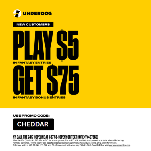 Play $5 and Get $75 instantly w/ @UnderdogPicks 🐶🎁

Another MUST take advantage here. Get $75 in bonus entries AND a deposit match + free pick on sign-up.

Use code CHEDDAR to unlock all of these. 