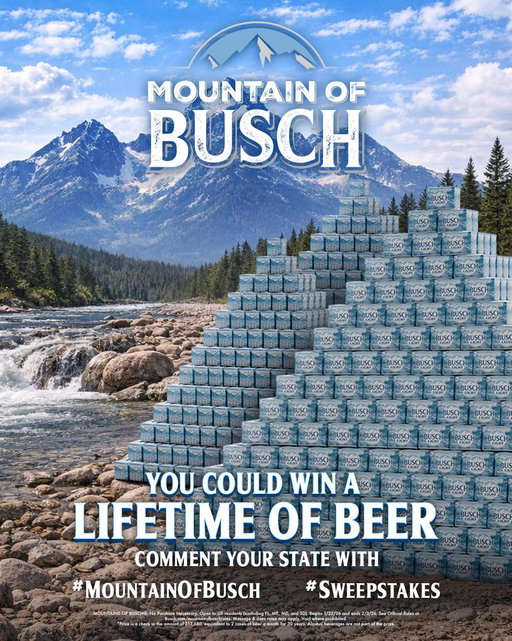 🏔️ YOU COULD WIN A LIFETIME WORTH OF BEER! 🏔️

We'd move mountains for our fans! Comment NOW using #MountainOfBusch #Sweepstakes along with your home state to enter for a chance to win BIG! 