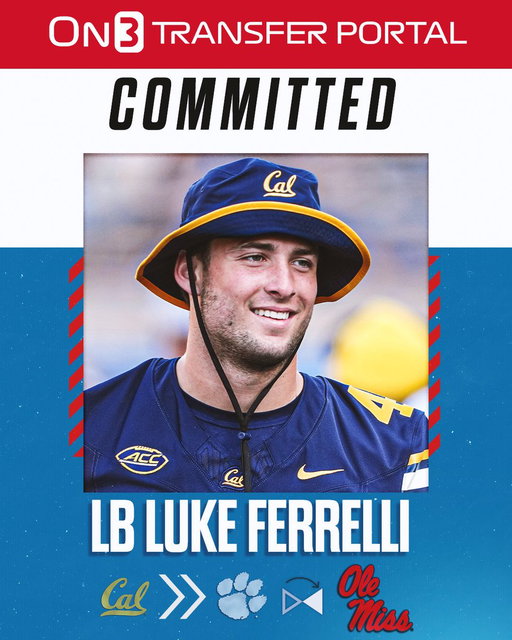 BREAKING: Cal/Clemson transfer LB Luke Ferrelli has committed to Ole Miss, @Hayesfawcett3 reports🦈

https://t.co/j57381L48q 