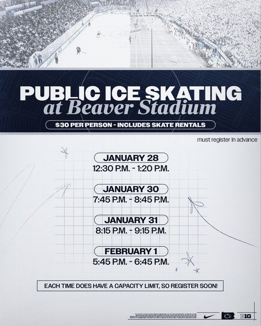 Hit the ice at Beaver Stadium! ✨⛸️

Public ice skating sessions are coming to West Shore Home Field at Beaver Stadium during Winter Weekend!

Register: https://t.co/W6jOf7kz9M

#WeAre 