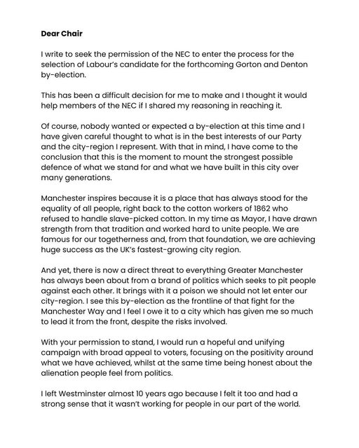 I have today written to the Chair of Labour’s National Executive Committee seeking permission to enter the selection process for a candidate for the forthcoming Gorton and Denton by-election.

Read my letter here.👇🏻 