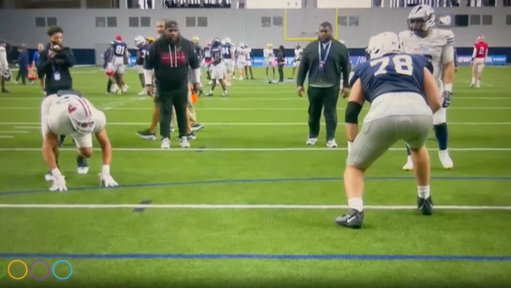 Penn State’s Nolan Rucci with a really smooth rep at the East-West Shrine Bowl. 

The 6-foot-8 OT is a former five-star recruit who only gave up one sack this past season. 