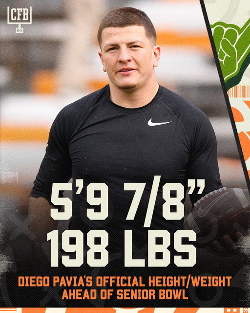 Diego Pavia’s official height and weight ahead of the Senior Bowl 

(via @RiseNDraft) 