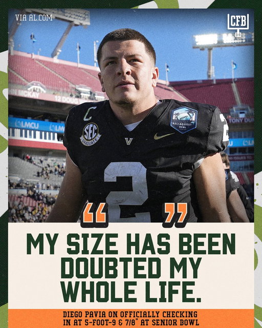 Diego Pavia addressed his height measurements ahead of the Senior Bowl 💯

(via @aldotcom) 