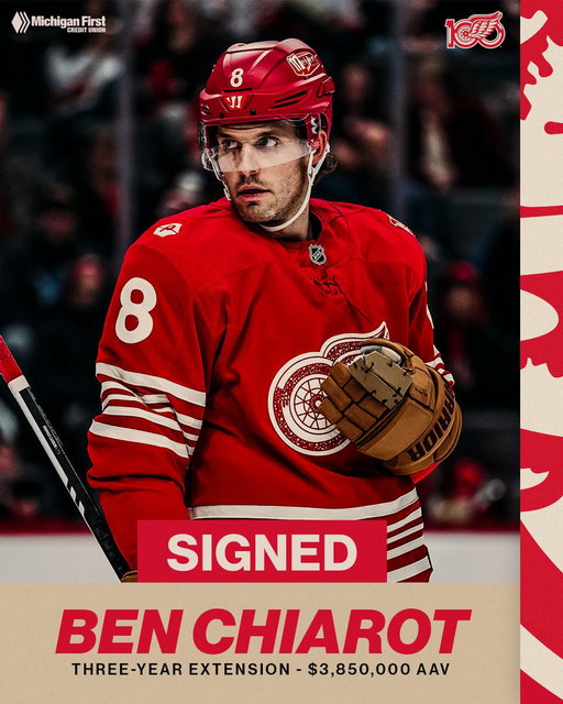 BENNY! 🗣️

The #RedWings have signed Ben Chiarot to a three-year contract extension with an AAV of $3,850,000. 