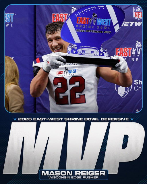 RT @ShrineBowl: 2026 East-West Shrine Bowl Defensive MVP

💫 @reiger_mason, @BadgerFootball

#ShrineBowlWHOSNEXT 