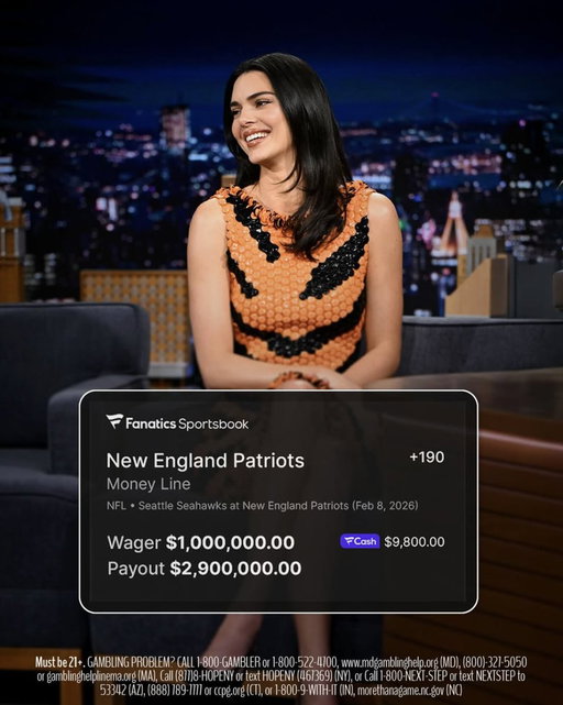 The pick is in! @kendalljenner is all in on New England.

Now it’s your turn. Are you betting with or against Kendall? 

Tail or Fade, Kendall and Fanatics Sportsbook will donate $1M to a good cause.

📷 Todd Owyoung/NBC
#BetOnKendall 