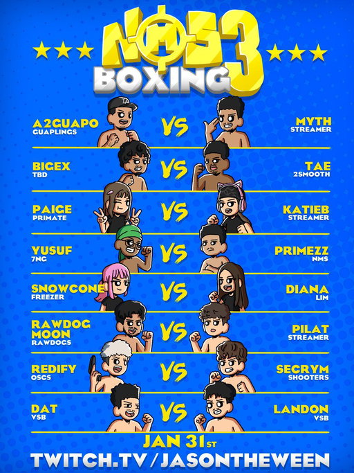NMS BOXING 3 FIGHT CARD 🥊

PRESS CONFERENCE TMR (3PM PST)

FIGHT NIGHT 31ST (5PM PST) 