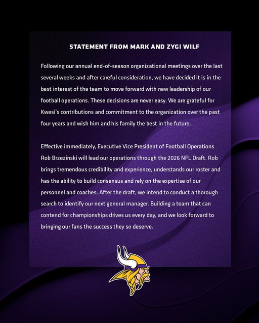 The #Vikings announce General Manager Kwesi Adofo-Mensah has been relieved of his duties. 