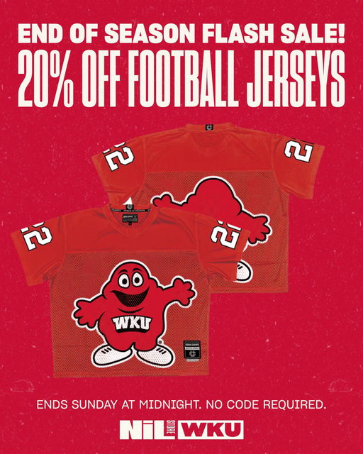 🚨 SALE ALERT! Take 20% off any football jersey
through Sunday.
Whether you’re gearing up for next season or repping the Hilltoppers headed to the next level, now’s the time to grab a jersey at the WKU NIL Store!

➡️ https://t.co/0dIQQcVTn7

#gotops #wku #wkunilstore 