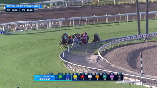 A determined #3 PRINCESA MOCHE ($7.00) &amp; @MircoDemuro1 win the $100,000 Megahertz Stakes (G3) at @SantaAnitaPark. @DougONeill1 trains the six-year-old mare. #ミルコデムーロ 