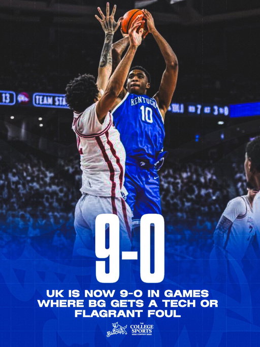 Kentucky is now 9-0 in games where Brandon Garrison commits a technical or flagrant foul. 

@brandonGarriso you know what you have to do 😏 