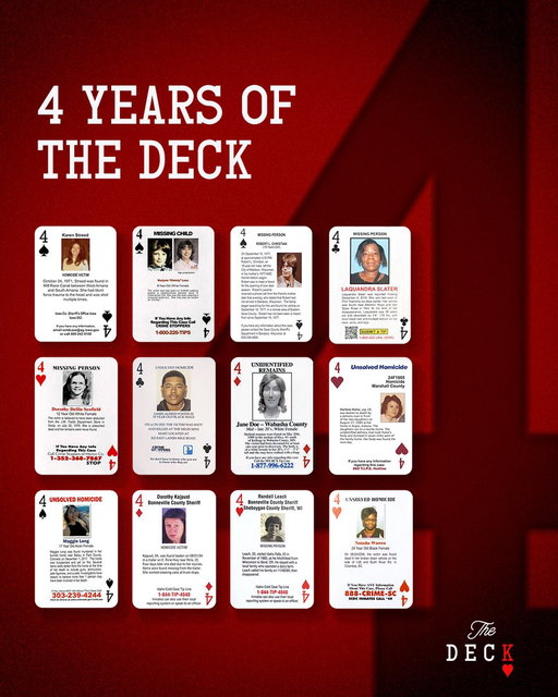 Four years ago, The Deck began with one goal: to bring attention to cold cases still waiting for answers. 

We’re grateful to everyone who has listened, shared these stories, and helped keep these cases alive. ❤️ ♠️ ♦️ ♣️ 