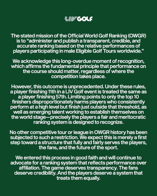 LIV Golf statement on OWGR decision 