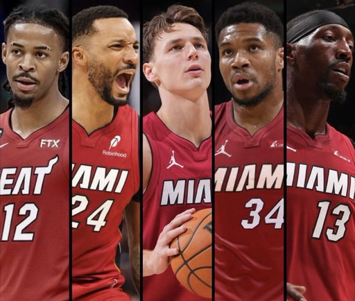 I know this is unlikely, BUT how do yall feel about this potential starting lineup 👀

Ja Morant 
Norman Powell 
Pelle Larsson 
Giannis Antetokounmpo
Bam Adebayo

( Pic Credit: @HeataoMil_grau ) 