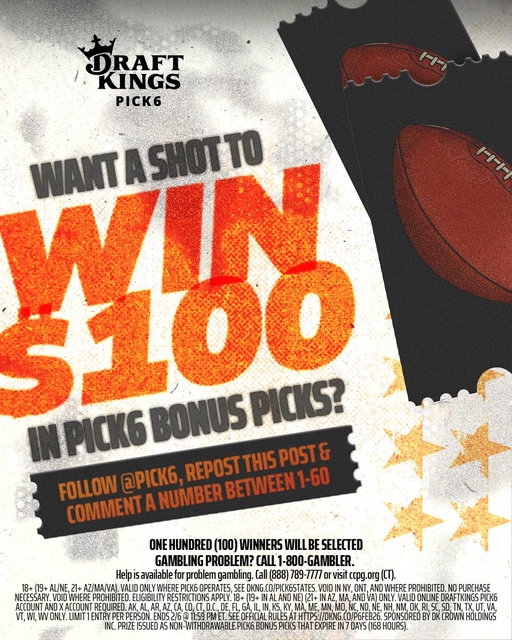 $10,000 GIVEAWAY 😈

To celebrate Sunday, we are giving 100 WINNERS a $100 Bonus Pick.

Follow @Pick6, RT, and comment a number 1-60. That’s it. 