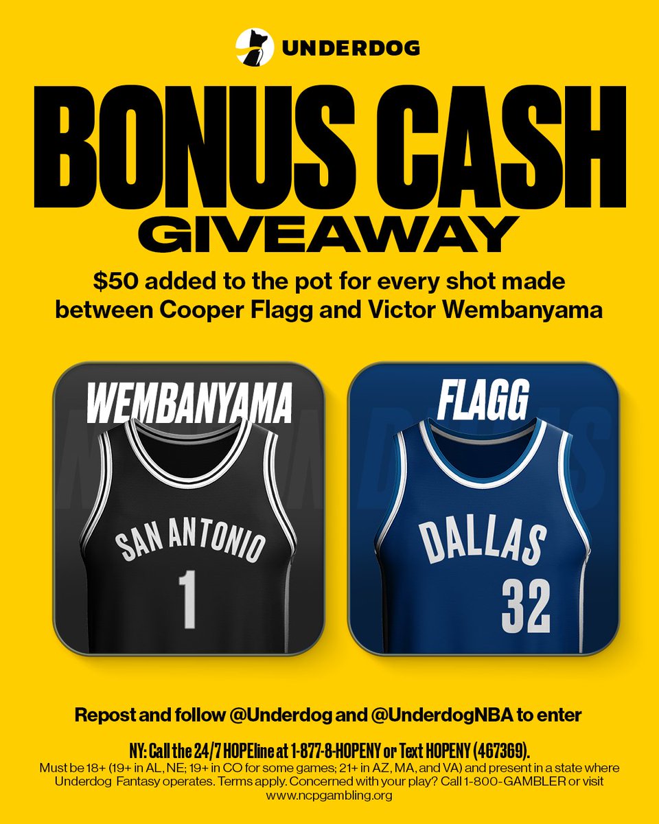 🚨 BONUS CASH GIVEAWAY 🚨

We're adding $50 to the pot for every shot made between Cooper Flagg and Victor Wembanyama tonight 💰

To enter...
1⃣ Repost this
2⃣ Follow us @Underdog
3⃣ Follow @UnderdogNBA