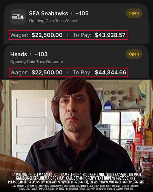 One bettor has $45K riding on TWO coin toss bets for Super Bowl LX 🤯

(Side note: they should have Javier Bardem do the Super Bowl coin toss as Anton Chigurh one of these years 😂) 