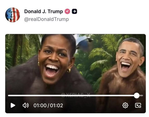 Trump posted a disgustingly racist video depicting the Obamas as apes.

Are my Republican colleagues going to continue to bend the knee to a racist, authoritarian president who wants the American people to bow down before him? 