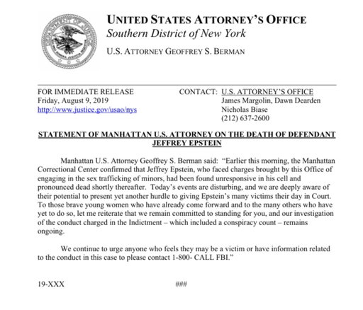 According to official records, Jeffrey Epstein died on August 10th. 

This press release is dated August 9th. 

Full: https://www.justice.gov/epstein/files/DataSet%208/EFTA00013180.pdf 