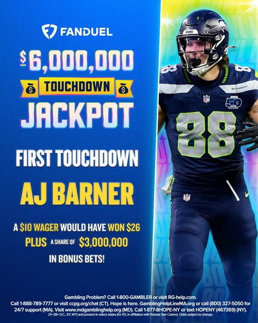 AJ BARNER FINDS THE ENDZONE!

If you used your TD Jackpot token on him, you'll be splitting a share of $3 MILLION IN BONUS BETS! 💰 
