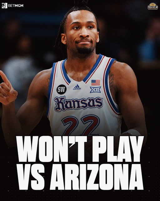 BREAKING: Darryn Peterson is OUT for tonight's game against No. 1 Arizona with flu-like symptoms, Kansas spokesman told @TheFieldOf68