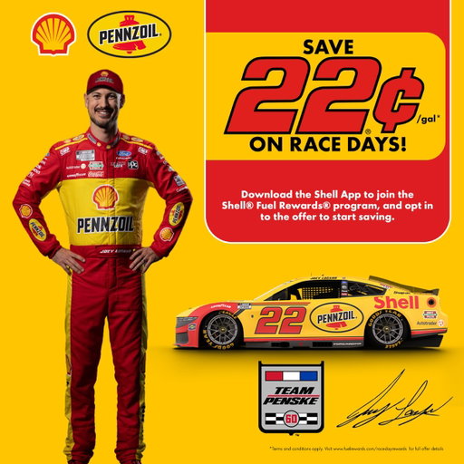 Race days are about MORE savings! Save 22¢/gal with the Race Day Rewards offer in the Shell App. Follow the steps below to save at Shell every time Joey Logano and the No. 22 Shell-Pennzoil team are on track. 

Join the Shell® Fuel Rewards® program, opt in to the Race Day Rewards offer in the Shell App and fill-up on race day!  Link in bio.