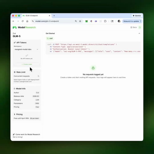 GLM-5, the latest frontier open model from @Zai_org, is available now on Modal.

We partnered with https://t.co/nhqgwNEWkB to release an endpoint that will be free for a limited time. 