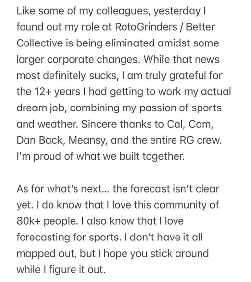 🚨☔️ An important personal note: one final forecast for RotoGrinders… 