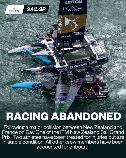 UPDATE: Racing has been abandoned following a major collision between New Zealand and France on Day One of the ITM New Zealand Sail Grand Prix. More to follow. 