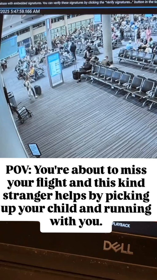 This mom is trying to find this kind man to thank him!  She writes, "POV: You watch the footage of a stranger running with your daughter for the first time. This was my first time seeing the actual video. Final boarding was called at Dallas Love Field. We were not going to make it. In pure mom survival mode, I handed my toddler to a uniformed Army soldier I had never met and said, “I’m missing my flight. Run with me.” He did not hesitate." (🎥: tialuciawalter IG)