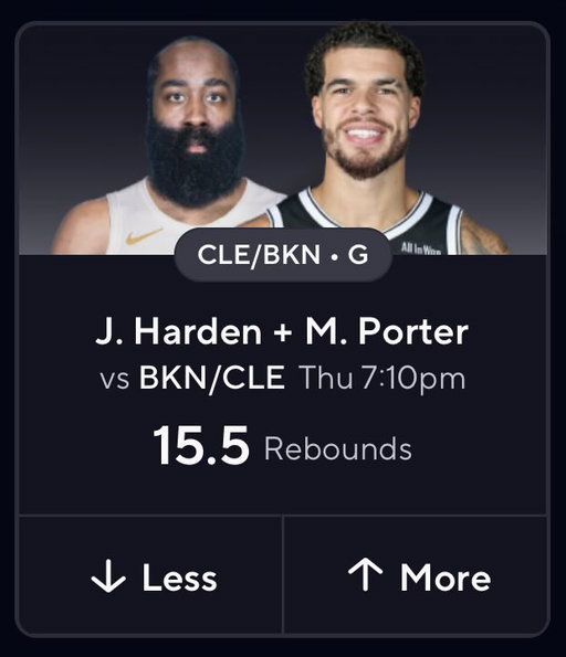 UNDERRR 📉📉📉

PrizePicks is on crack again… take this before they remove it from the board 👇

Discord member found this GEM! Harden at 4 rebounds and MPJ at 7? HAMMER! 