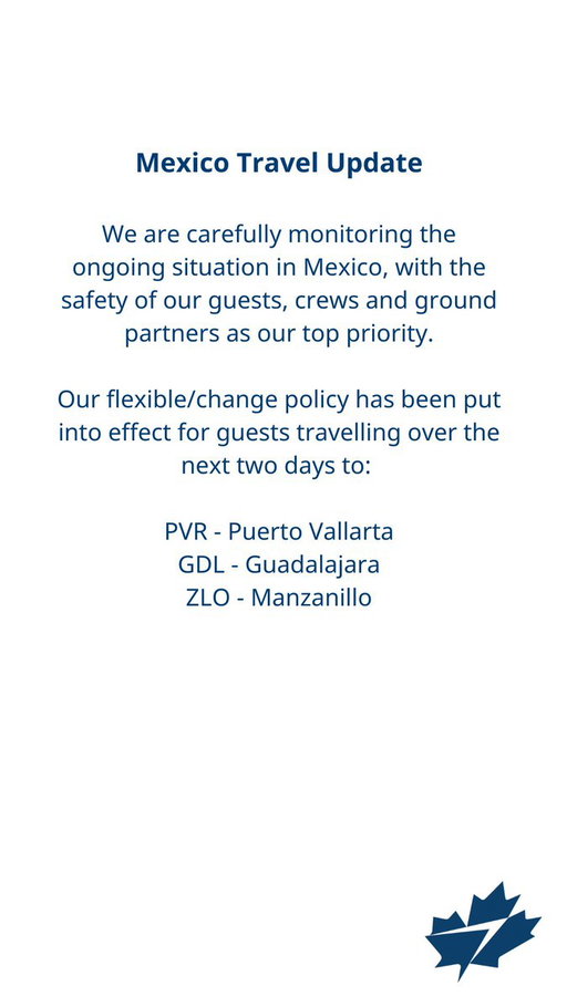 Mexico Travel Update
Flexchange Policy: https://www.westjet.com/en-ca/news/2026/westjet-service-update--travel-to-mexico

Flight status: https://www.westjet.com/en-ca/flights/status

Politique flexible en matière de modification et d'annulation: https://www.westjet.com/fr-ca/news/2026/westjet-service-update--travel-to-mexico

État des vols: https://www.westjet.com/fr-ca/flights/status 