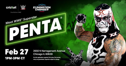Chicago! @WWE Superstar @PENTAELZEROM will be in town to meet you ahead of #EliminationChamber weekend 🔥👌. You don’t want to miss this! 