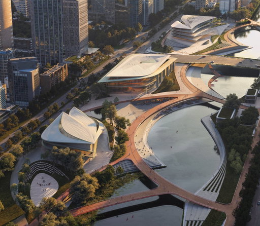Hangzhou is about to get a new neighbourhood. Designed by Zaha Hadid Architects, the Qiantang Bay Cultural District will rise alongside the city's Zhedong Canal creating a 'green corridor' through what was once industrial land.

Alongside public spaces and parkland, the district will include a museum, music hall, youth centre and library inspired by the region's 5,000-year history of jade artistry.

Explaining its design, ZHA said: "The library incorporates a sequence of inhabitable architectural columns. Serving as structural support and defining the institute’s identity as assembled ‘stones of knowledge’, these columns will accommodate the library’s extensive literary collections and archives, as well as reading rooms and community spaces."

📷 ZHA / ATCHAIN / Proloog
