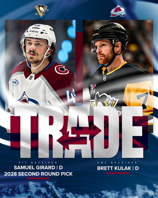 We have acquired Brett Kulak from the Pittsburgh Penguins in exchange for Samuel Girard and a 2nd round pick in 2028 NHL Draft. 