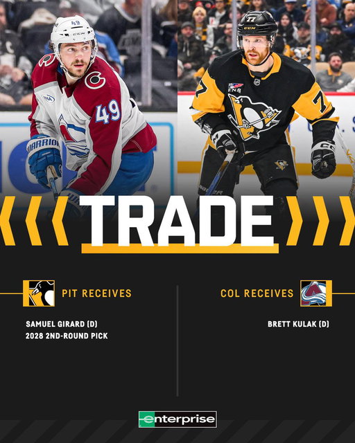 The Penguins have acquired defenseman Samuel Girard and a 2028 second-round pick from the Avalanche in exchange for Brett Kulak.

Details: https://t.co/HrWus4pKkI 