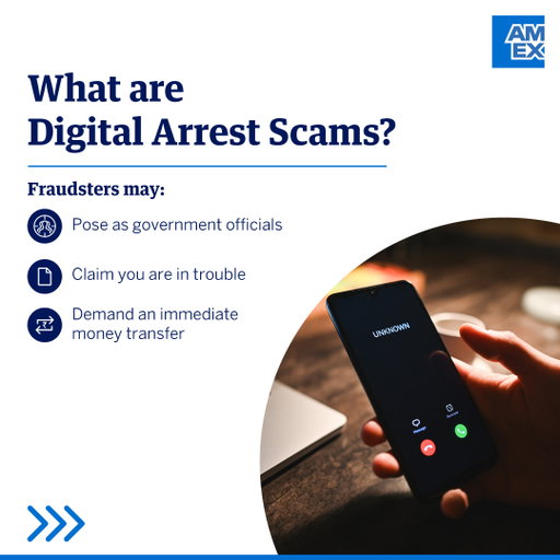 Protect yourself from Digital Arrest scams. 

Scammers may impersonate government officials via SMS or calls and falsely claim your name has been linked to a crime.
Learn how to identify these attempts to safeguard yourself.

Know more: https://go.amex/digiarrest 