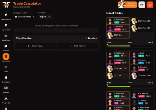 The largest trade calculator update we've ever done just took place... (I think it just got 10X better)

Variables that impact the outcome
- League size
- Starting lineup requirements
- Starting lineup size
- Roster size
- League scoring

Link your league & have all this info filled out for you right away

Use the expert average rankings or whatever creators rankings you prefer

See real trades made in leagues that involve the players you're considering as you fill it out

I'm sure there will be some tinkering that needs to be done over the next few days so all feedback is great